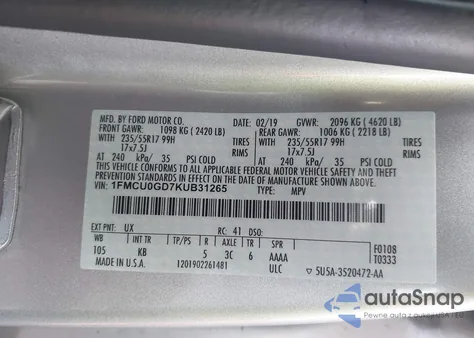 2019 Ford Escape Se из США, поврежденный, VIN 1FMCU0GD7KUB31265